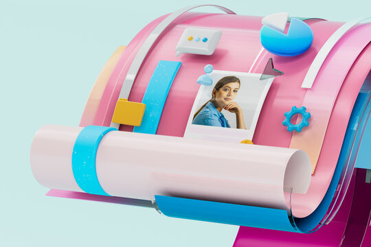 3D profile marketing dashboard with woman portrait, chat, and pie