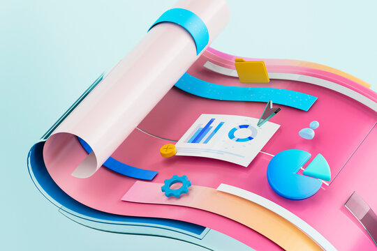 3D data report dashboard with chart, folder, and graph