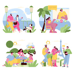 Fototapeta premium Family Activities and Virtual Communication Vector Illustration