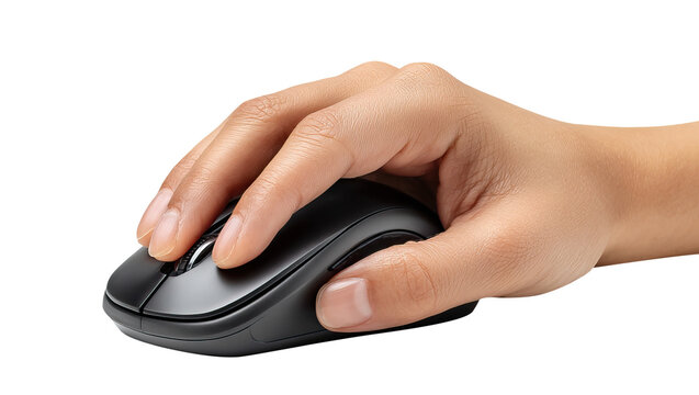 Hand using a wireless computer mouse, isolated on transparent cutout background