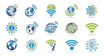 Collection of global network and communication logo designs, featuring earth and wifi symbols. © Bela