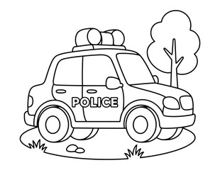 Police car coloring page illustration of patrol vehicle with siren line art scene © Crafter