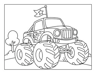 Monster truck coloring page illustration of big tire vehicle line art scene © Crafter