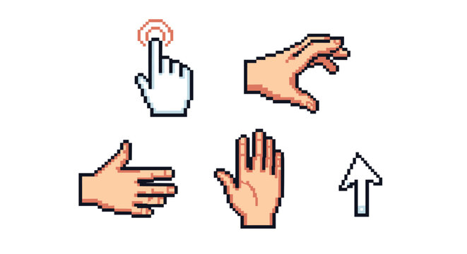 Different pixel art human hand gestures including pointing finger open palm and grabbing action on white background.
