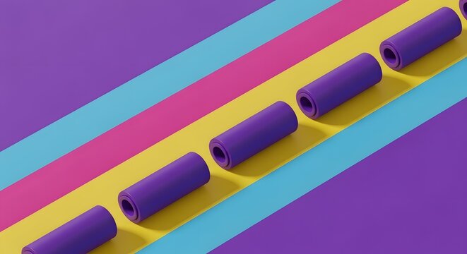 Purple cylindrical objects are arranged diagonally across a vibrant, multi-colored striped background, creating a dynamic visual flow and a sense of rhythmic progression.