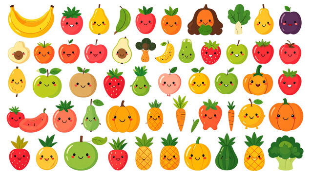 Cute fruits and vegetables cartoon vector set with smiling faces including banana apple carrot pumpkin strawberry and pineapple isolated on white background