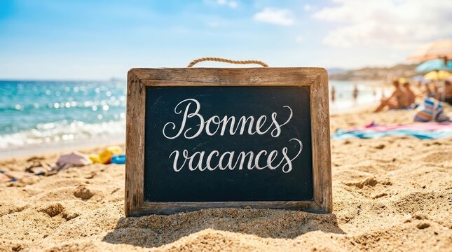 Beach vacation sign with Bonnes Vacances message on sandy shore