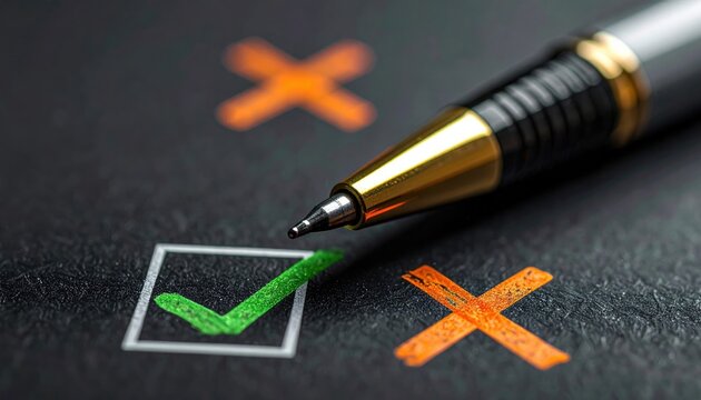Close up of a pen marking a correct choice on a checklist with crosses.
