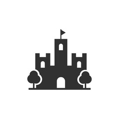 Naklejka premium Royal palace castle with trees icon. Fairytale kingdom residence. Monochrome black and white symbol