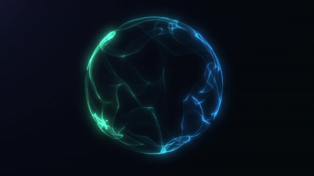 Abstract glowing blue and cyan energy sphere made of flowing digital light waves forming futuristic plasma orb with smooth luminous motion on dark background