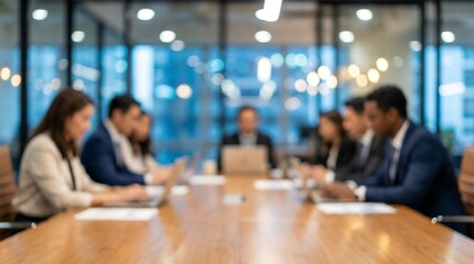 Fototapeta premium A professional business meeting in progress features a diverse group of executives seated around a polished wooden table, actively collaborating and using laptops.