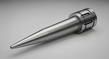 Naklejka premium Specialized silver metallic cone part with circular mounting grooves and industrial precision machining for aerospace hardware and mechanical assembly isolated on light studio gray background.
