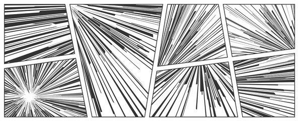 Obraz premium Radial anime manga speed lines. Black comic book burst set and action energy. Vintage halftone textures, sun flare focus and horizontal hero power blast. Vector background.