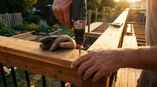 Hands using an electric drill to secure a screw into a wooden deck railing at sunset, symbolizing home improvement and focused DIY construction effort