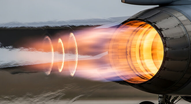 Extreme close-up of a powerful jet engine exhaust with intense glowing blue and orange afterburner flames emitting from the nozzle during high-speed propulsion at night on a military aircraft.