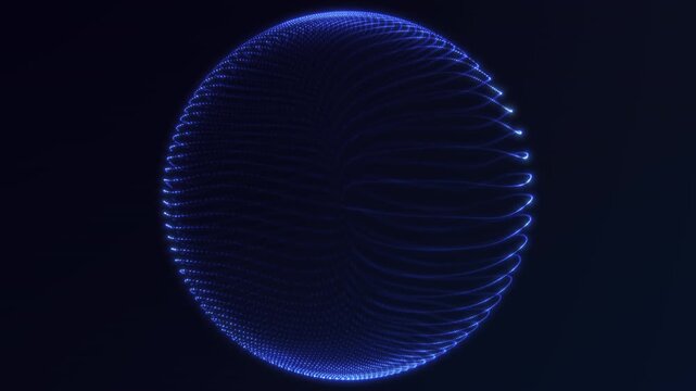 Futuristic blue digital particle sphere made of glowing dotted light lines forming abstract data globe with dynamic technology pattern on dark background