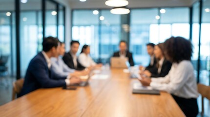 Fototapeta premium A blurred group of diverse business professionals are actively engaged in a corporate meeting around a long wooden table, showcasing teamwork and focused discussion within a modern office setting.
