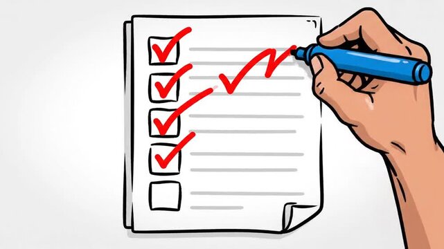 Hand checking off tasks on a to-do list with a blue marker, cartoon style