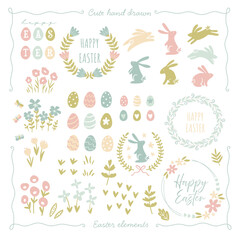 Fun and hand drawn colorful Easter elements, cute bunnies, flowers and Easter eggs designs, great as decorative elements for prints or web - vector illustrations