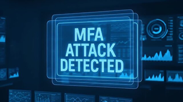 MFA attack detected alert on digital screen with data charts and futuristic blue interface, cybersecurity threat warning and protection concept showing critical threat detected