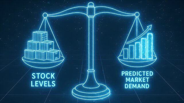 Stock levels predicted market demand balanced on glowing scale with boxes and upward graph illustrating inventory management business forecasting futuristic neon blue digital design