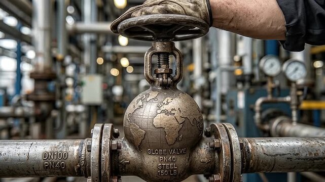 Globe valve world map design steel pipe industrial factory setting hand operating valve mechanical equipment metal texture pressure gauges metal machinery pipeline system equipment