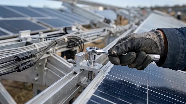 Solar panel installation with hand using wrench on metal frame tightening bolt, renewable energy technology maintenance outdoors, worker wearing gloves performing solar panel setup