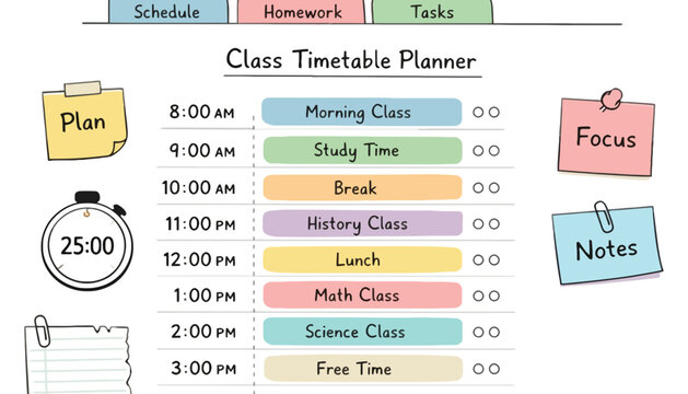 A colorful class timetable planner with schedule and tasks for students