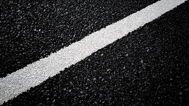 Extreme closeup fresh black asphalt road texture with bold diagonal double white lane marking lines, rough granular gravel surface detail, high contrast monochrome road infrastructure concept.