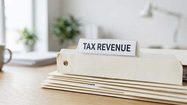Tax revenue folder on wooden desk with blurred background of office and plants symbolizing financial documents business organization paperwork file and finance management in calm workspace