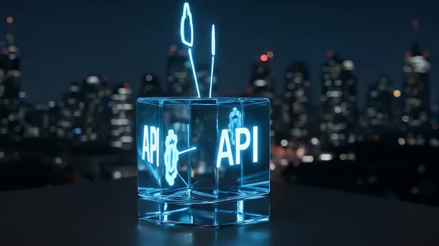 API glowing cube with futuristic neon light and glowing icons of cloud, shopping cart, gear, and envelope connected to transparent cube, symbolizing digital technology and communication night