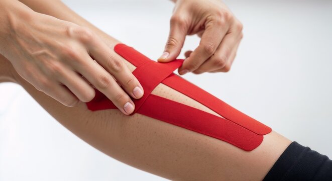 Calf with red kinesiology tape for muscle support and rehabilitation against clean white background