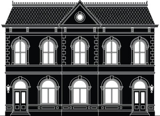 Elegant classical two‑story building illustration with symmetrical facade, ornate arched windows, decorative gable, pilasters, lanterns, and detailed  © Abida