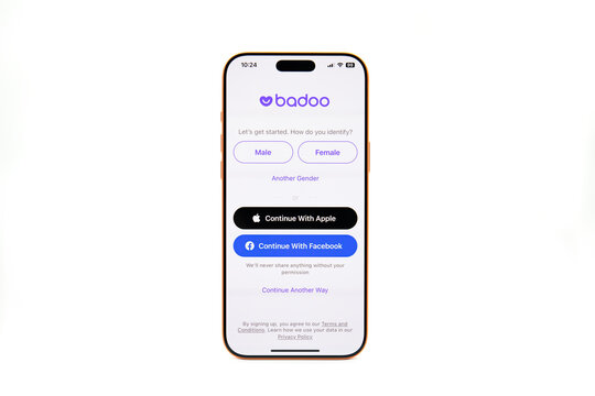 Phone Apple iPhone 17 Pro Max Cosmic Orange isolated white background with social networking service Badoo on the screen