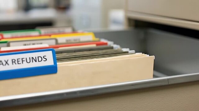Tax refund folder filing cabinet organized documents colorful tabs office paperwork financial records management efficient document organization for tax refunds and financial paperwork