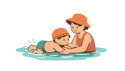 A woman teaches a young boy how to swim in the water
