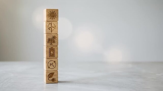 Renewable energy concept featuring wooden blocks with solar, wind, battery, hydrogen, and eco power icons stacked vertically light surface symbolizing sustainable clean energy and eco friendly power