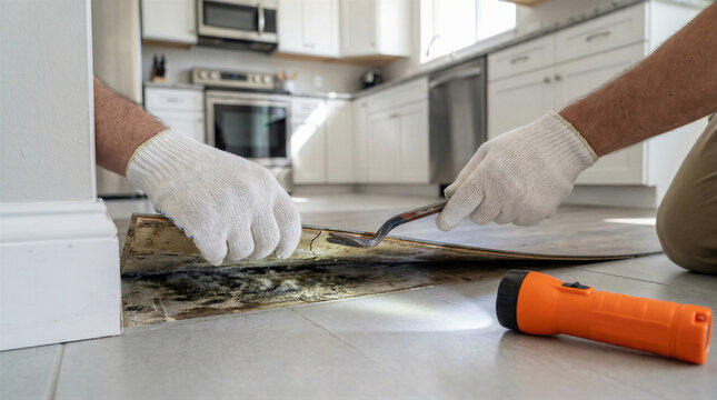 Gloved hands carefully lift a section of water-damaged flooring to reveal dark mold underneath, illuminated by a flashlight in a modern kitchen, signifying home inspection and remediation.