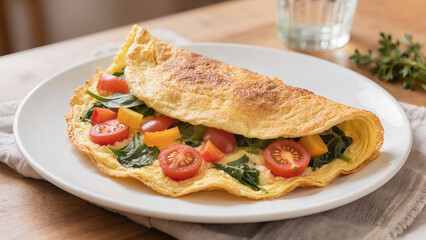 Obraz premium Vegetable omelet with cherry tomatoes, bell peppers and spinach on plate or wooden table. Suitable for food banners, cafe menus, healthy breakfast articles and websites. 
