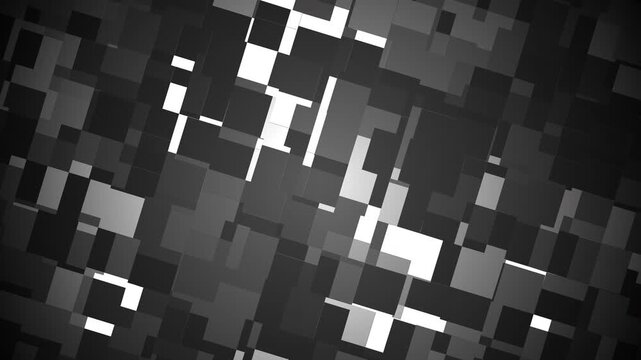 Abstract Moving Square Blocks Background with Dynamic Digital Mosaic Texture. The overlapping geometric tiles create a dynamic mosaic structure that appears to rearrange and move in depth.