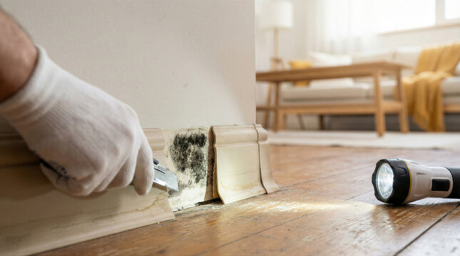 A gloved hand carefully scrapes away dark mold from a wooden baseboard with a utility knife, illuminated by a flashlight.