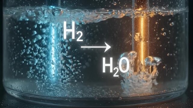 Hydrogen gas bubbles rising in water during chemical reaction with glowing electrodes in transparent container illustrating gas liquid interaction and electrolysis science concept