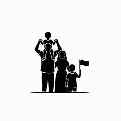 Family with children holding flag silhouette on white background