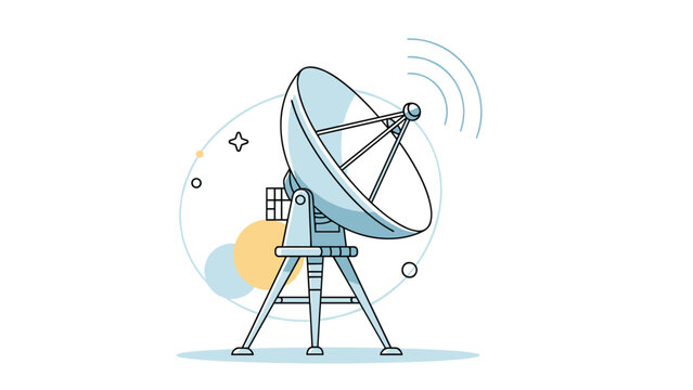 Modern satellite dish antenna stands on a tripod base and transmits signals surrounded by soft colorful circles and simple geometric shapes.