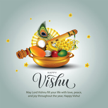 Happy Vishu greetings. April 14 Kerala festival with Vishu Kani, vishu flower Fruits and vegetables in a bronze vessel. vector illustration design
