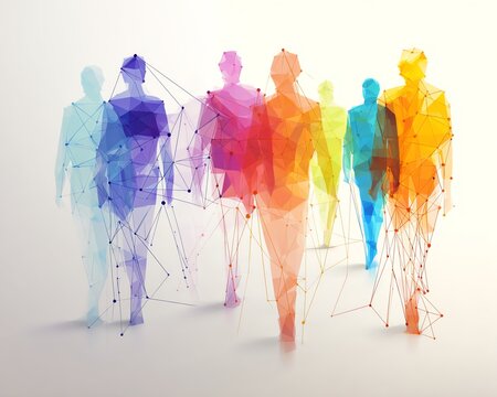 Abstract human silhouettes in vibrant colors interconnected by lines, symbolizing the essence of inclusion and unity in diversity.