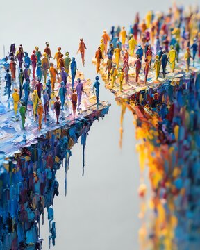 An abstract representation of a bridge constructed from colorful human figures symbolizing connection and inclusion in diverse communities.