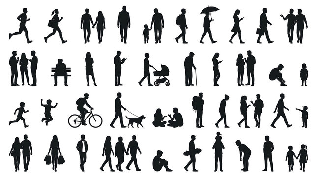 Collection of diverse people silhouettes in various poses and activities on white background