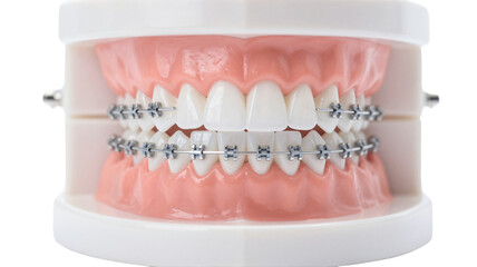 Dental model with metal braces showing orthodontic treatment for teeth alignment and bite correction