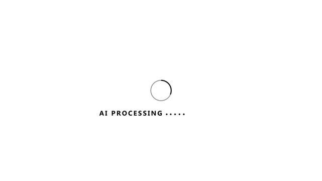 A minimalist white background a gray circular loading animation and the text AIPROCESING in black sans-serif letters with four ellipsis dots, representing the computational activity of